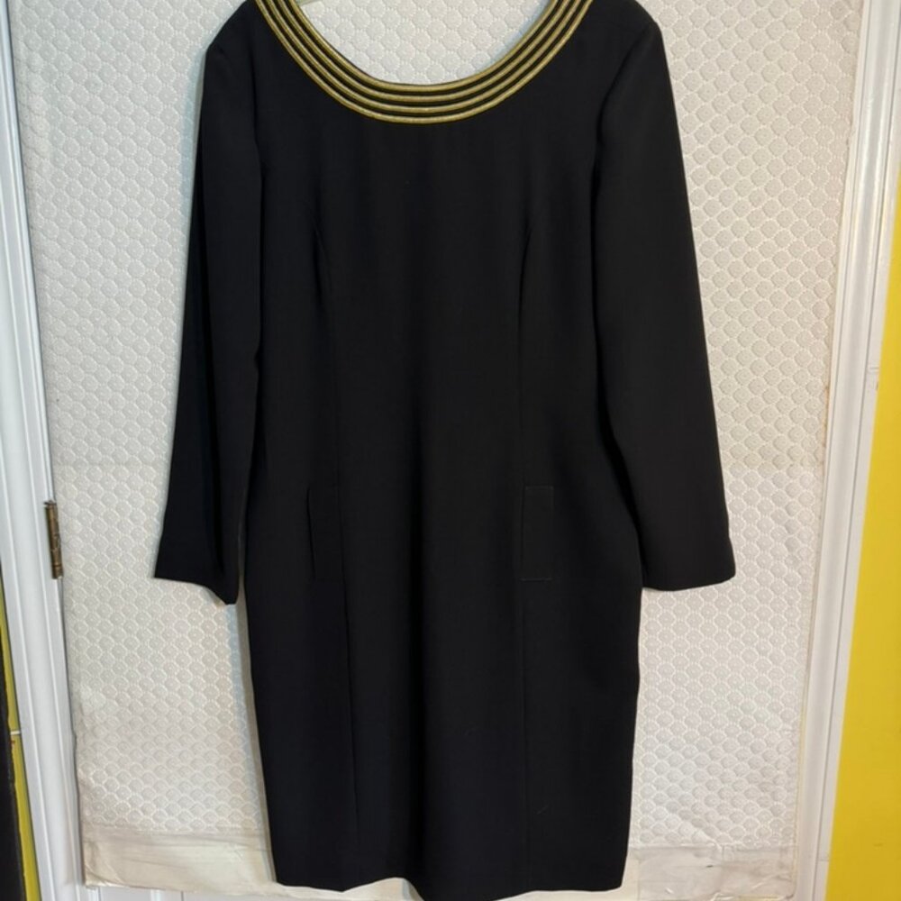 Vtg Bloomingdales Long Sleeve Black Dress -Lined, Gold Detail at Neck- Sz 14 EUC